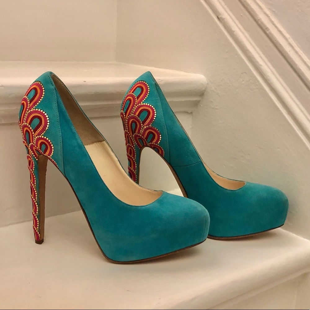 Brian Atwood teal suede platform heels